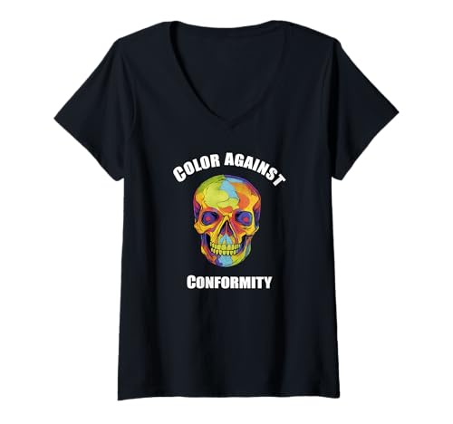 Damen Farbe gegen Konformität kräftige Bunte Totenkopfkunst T-Shirt mit V-Ausschnitt von Abstract skull art