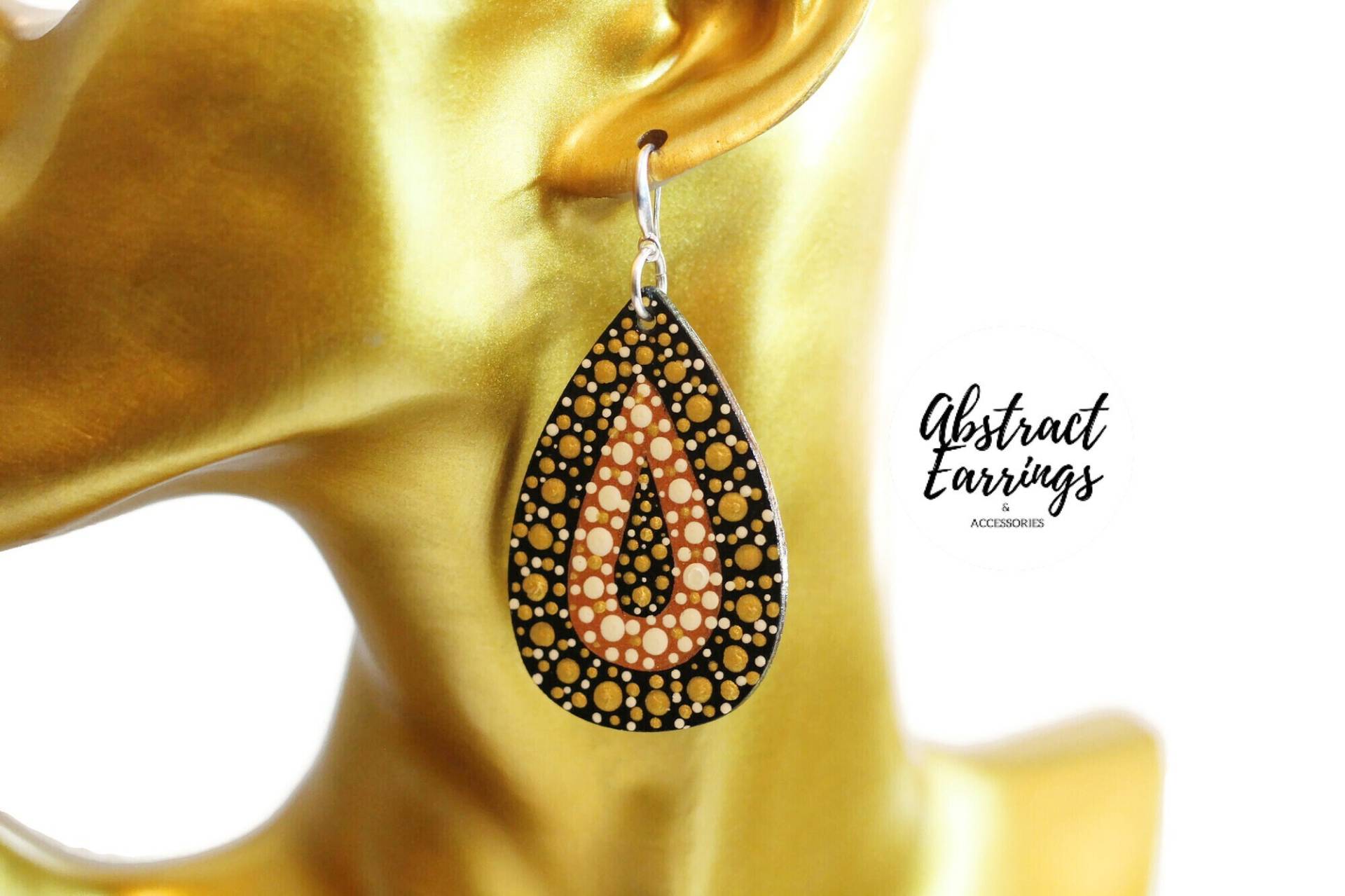 Abstrakte Teardrop Ohrringe - Handbemalte Holz Gold Und Schwarze Statement Formeller Party Schmuck von AbstractEarrings