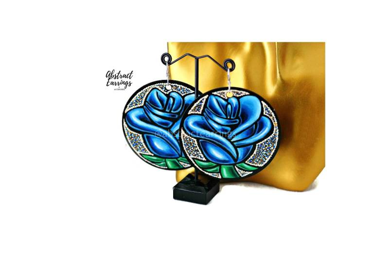 Blaue Rose Ohrringe Handbemalte Kunst, Sterling Silber Blaue Rose Ohrringe Handbemalte Kunst, Sterling Silber von AbstractEarrings