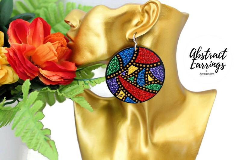 Handbemalte Holzkreis Ohrringe Bunte Abstrakte Pointillismus Kunst von AbstractEarrings