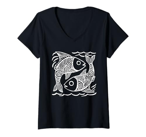 Damen Minimalistisch Tribal Handgezeichneter Fisch T-Shirt mit V-Ausschnitt Damen Minimalistisch Tribal Handgezeichneter Fisch T-Shirt mit V-Ausschnitt von Abstrakt Handgezeichnet Fisch Meer Entwürfe