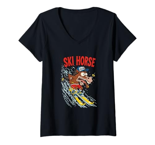Damen Ski Pferd Lustig Verrückt Cartoon Meme Schnee T-Shirt mit V-Ausschnitt Damen Ski Pferd Lustig Verrückt Cartoon Meme Schnee T-Shirt mit V-Ausschnitt von Absurd Cartoon Meme Animal Skiing Humor Co.