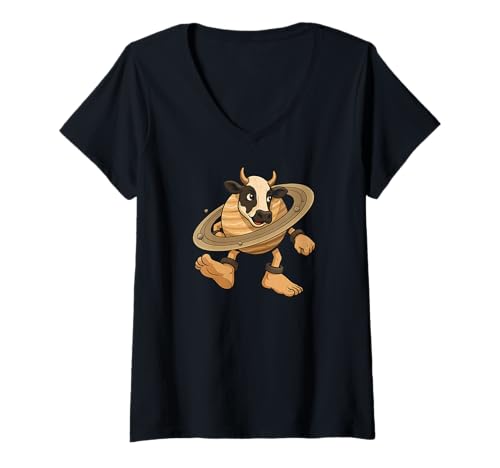 Damen La Vacca Saturno Meme Lustige Italienische Kuh Saturn Saturnita T-Shirt mit V-Ausschnitt Damen La Vacca Saturno Meme Lustige Italienische Kuh Saturn Saturnita T-Shirt mit V-Ausschnitt von Absurd Humor & Surreal Aesthetic Cow