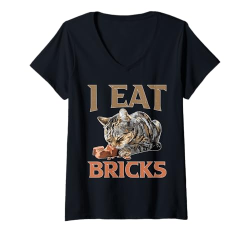 Damen I Eat Bricks Absurde Meme -Bauwitz T-Shirt mit V-Ausschnitt von Absurder Meme zufälliger Witz