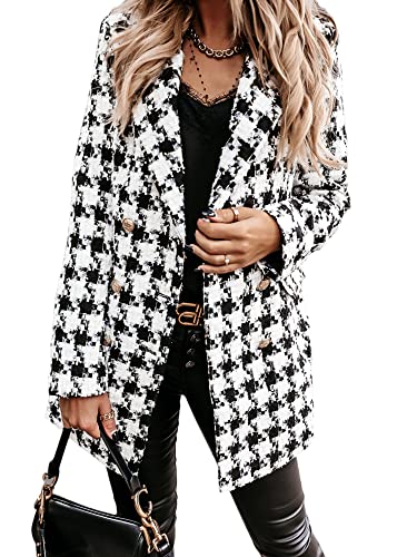 Abtel Blazer Damen Elegant Anzug Hahnentritt Longblazer Sakko Freizeit Business Blaser Jacke mit Taschen Knöpfe Revers Karierte Mäntel L von Abtel