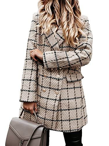 Abtel Blazer Damen Elegant Anzug Karierte Longblazer Sakko Freizeit Business Blaser Jacke mit Taschen Knöpfe Revers Mäntel Khaki M von Abtel