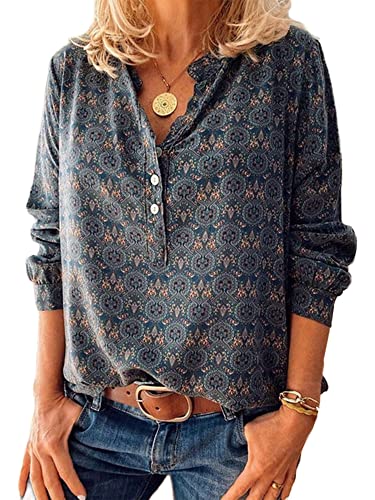 Abtel Damen Bluse Blumendruck Elegant Langarmshirt V-Ausschnitt Longshirt Tunika Baggy Oberteile mit Knöpfen Hemdbluse Tshirts Marine XXL von Abtel