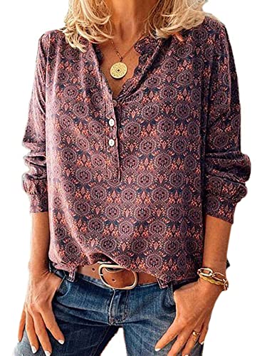 Abtel Damen Bluse Blumendruck Elegant Langarmshirt V-Ausschnitt Longshirt Tunika Baggy Oberteile mit Knöpfen Hemdbluse Tshirts Rotwein 3XL von Abtel