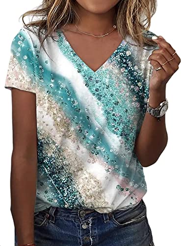 Abtel Damen Elegant Tshirt V-Ausschnitt Blumendruck T Shirt Sommer Kurzarm Oberteile Lässig Locker T-Shirts Mädchen Pullover Tunika Blusen Blau Grün 3XL von Abtel