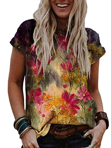 Abtel Damen Elegant Tshirt V-Ausschnitt Blumendruck T Shirt Sommer Kurzarm Oberteile Lässig Locker T-Shirts Mädchen Pullover Tunika Blusen M Rot von Abtel