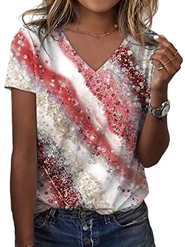 Abtel Damen Elegant Tshirt V-Ausschnitt Blumendruck T Shirt Sommer Kurzarm Oberteile Lässig Locker T-Shirts Mädchen Pullover Tunika Blusen Rot 3XL von Abtel