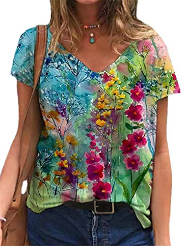 Abtel Damen Elegant Tshirt V-Ausschnitt Blumendruck T Shirt Sommer Kurzarm Oberteile Lässig Locker T-Shirts Mädchen Pullover Tunika Blusen XL Grün von Abtel