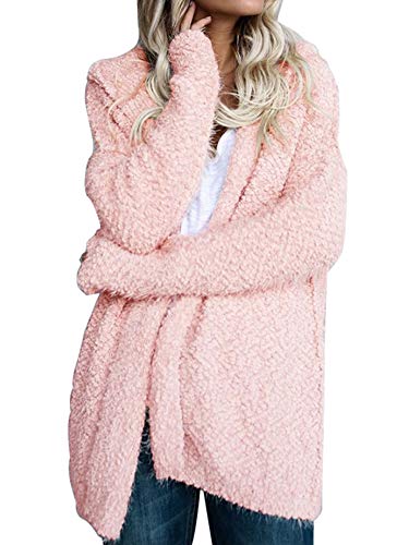 Abtel Damen Flauschige Strickjacke Leichte Übergangsjacke Cardigan Lange Kapuze Offene Vorderseite Plüschjacke Mantel Jackett Rosa L von Abtel