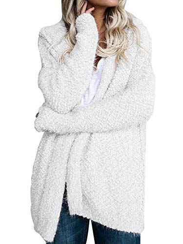 Abtel Damen Flauschige Strickjacke Leichte Übergangsjacke Cardigan Lange Kapuze Offene Vorderseite Plüschjacke Mantel Jackett Weiß L von Abtel