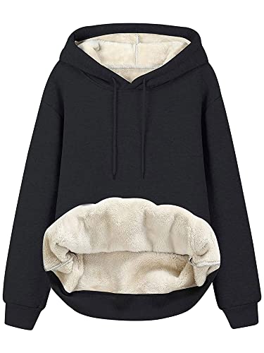 Abtel Damen-Fleece-Sweatshirt mit Kapuze Einfarbig Kordelzug Dickes Pullover Langarm Herbst Winter Sport Kapuze Vlies Sherpa Gefüttert Sweatshirts Schwarz L von Abtel