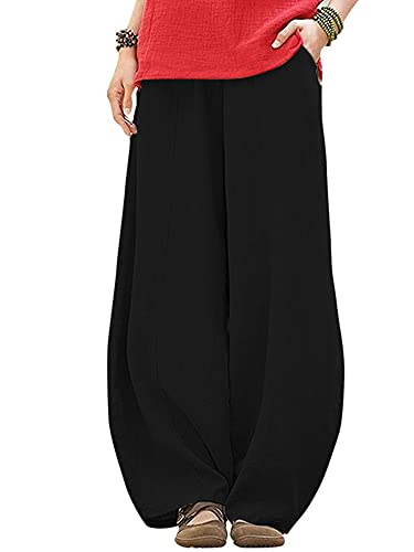 Abtel Leinenhose für Damen, weites Bein, leger, elastischer Bund, Baggy, Haremshose mit Tasche, Palazzo, Strandhose, Hose, Übergröße, Schwarz , L von Abtel