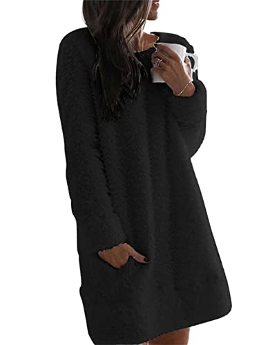 Abtel Damen Fuzzy Fleece Kleid Rundhalsausschnitt Langarm Plüschkleid Winter Warme Dickes Pulloverkleid Slouchy Kurze Minikleider Schwarz M von Abtel