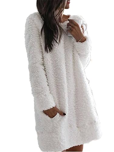 Abtel Damen Fuzzy Fleece Kleid Rundhalsausschnitt Langarm Plüschkleid Winter Warme Dickes Pulloverkleid Slouchy Kurze Minikleider Weiß 3XL von Abtel