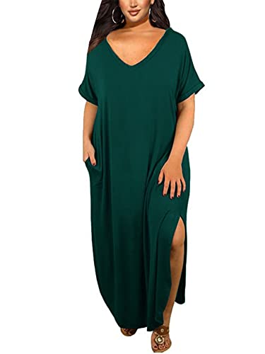 Abtel Damen Große Größen Lang Kleider Sommer Maxikleider Kurzarm V Ausschnitt Tshirt Kleid Sommerkleid Oversize Shirtkleid Armeegrün 3XL von Abtel