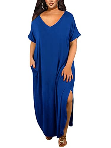 Abtel Damen Große Größen Lang Kleider Sommer Maxikleider Kurzarm V Ausschnitt Tshirt Kleid Sommerkleid Oversize Shirtkleid Blau 4XL von Abtel