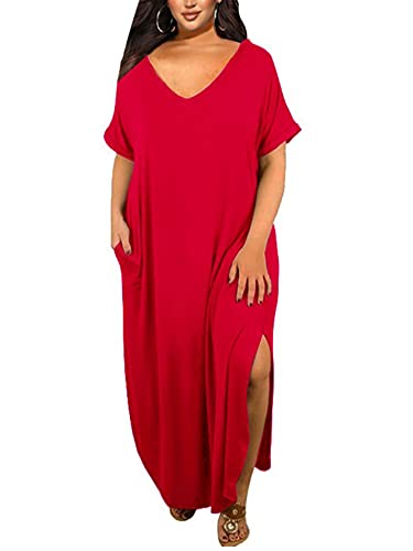 Abtel Damen Große Größen Lang Kleider Sommer Maxikleider Kurzarm V Ausschnitt Tshirt Kleid Sommerkleid Oversize Shirtkleid Rot XL von Abtel