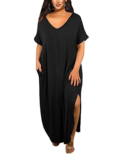 Abtel Damen Große Größen Lang Kleider Sommer Maxikleider Kurzarm V Ausschnitt Tshirt Kleid Sommerkleid Oversize Shirtkleid Schwarz 4XL von Abtel