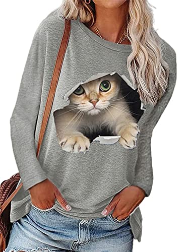 Abtel Damen Langarmshirt Oberteil 3D Katze Drucken Langarm Shirt Rundhals Lose Longsleeve T-Shirt Lässig Pullover Sweatshirt Women Grau 4XL von Abtel