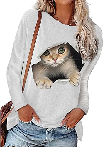 Abtel Damen Langarmshirt Oberteil 3D Katze Drucken Langarm Shirt Rundhals Lose Longsleeve T-Shirt Lässig Pullover Sweatshirt Women Weiß 4XL von Abtel