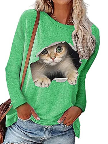 Abtel Damen Langarmshirt Oberteil 3D Katze Drucken Langarm Shirt Rundhals Lose Longsleeve T-Shirt Lässig Pullover Sweatshirt Women Grün 3XL von Abtel