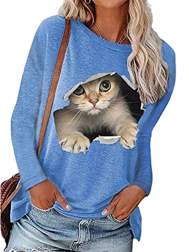 Abtel Damen Langarmshirt Oberteil 3D Katze Drucken Langarm Shirt Rundhals Lose Longsleeve T-Shirt Lässig Pullover Sweatshirt Women Hellblau 3XL von Abtel