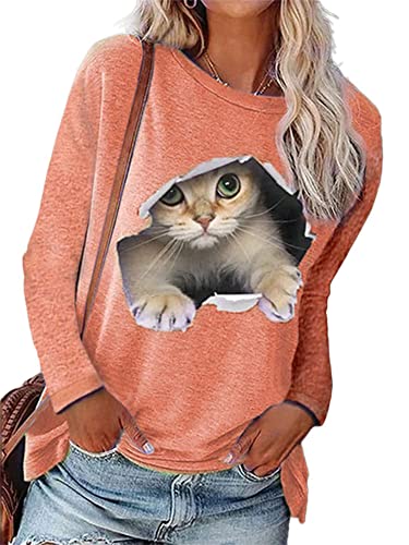 Abtel Damen Langarmshirt Oberteil 3D Katze Drucken Langarm Shirt Rundhals Lose Longsleeve T-Shirt Lässig Pullover Sweatshirt Women Rosa 3XL von Abtel