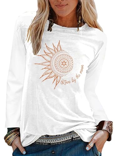 Abtel Tshirt Damen Oberteile Elegant Long Sleeve Crop Tops Casual Langarmshirt Sunflower Drucken Longshirt Tops Sporttop Weiß S von Abtel