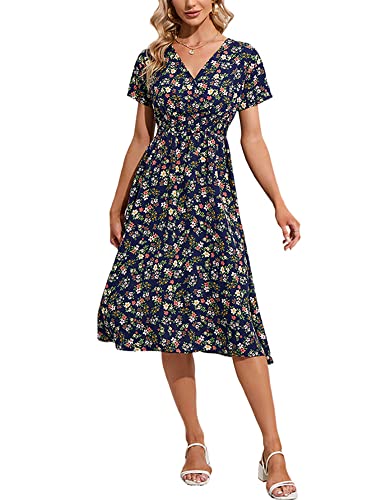 Abtel Damen Midi-Kleid V-Hals Sommer Strand Sonnenkleid Kurzarm Knielänge Blumenmuster Frauen Gruppe Marine XXL von Abtel