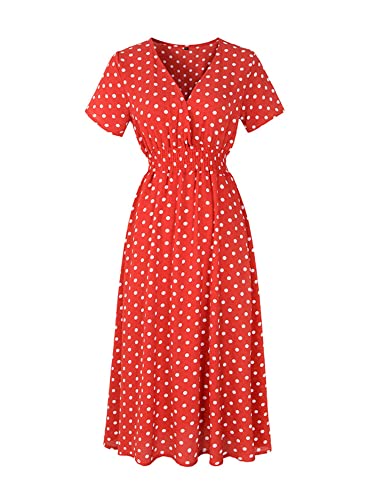 Abtel Damen Midi-Kleid V-Hals Sommer Strand Sonnenkleid Kurzarm Knielänge Blumenmuster Frauen Gruppe Rot M von Abtel