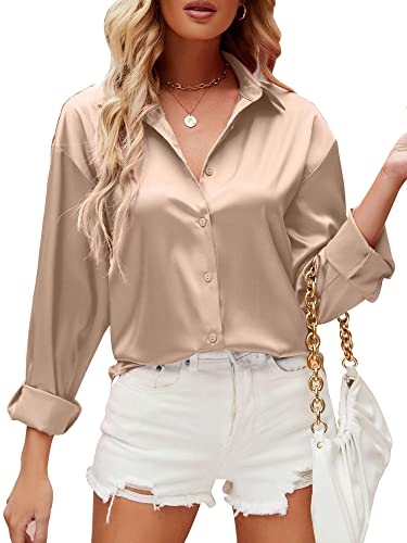 Abtel Damen Satin Hemd Bluse Langarm Baumwolle Daunen Büro Arbeit Tops Casual Damen Elegant V-Ausschnitt Seidenbluse Shirt, champagnerfarben, 38 von Abtel