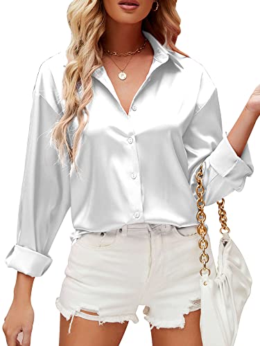 Abtel Damen Satin Hemd Bluse Langarm Baumwolle Daunen Büro Arbeit Tops Casual Damen Elegant V-Ausschnitt Seidenbluse Shirt, weiß, 46 von Abtel