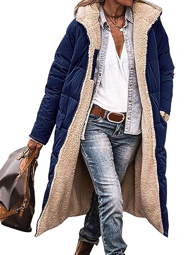 Abtel Damen Sherpa -Mantel Einfarbig Mäntel Lange Ärmel Fleecejacke Bequem Oberbekleidung Frauen Mit Kapuze Urlaub Marine L von Abtel