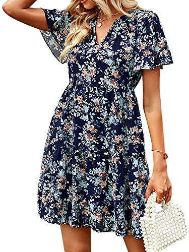 Abtel Damen Sommerkleid Blumenmuster Mini Kleid Kurzarm V-Ausschnitt Chiffon Kleider Tunika Strandkleider Partykleid Freizeitkleid Marine L von Abtel