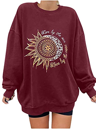 Abtel Damen Sonnenblume Smiley Printed Muster Lässig Rundhalsausschnitt Langarm Winter Pullover Top Loses Sweatshirt 3XL Burgunder Sonnenblume von Abtel