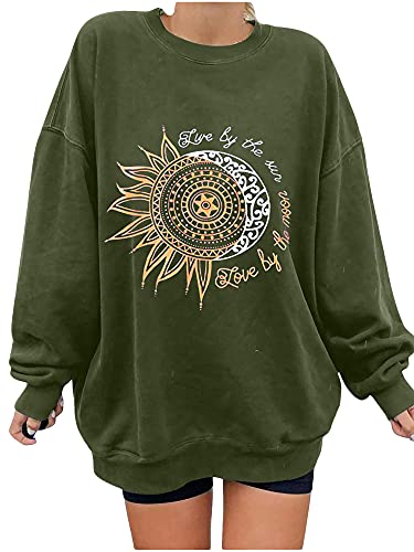 Abtel Damen Sonnenblume Smiley Printed Muster Lässig Rundhalsausschnitt Langarm Winter Pullover Top Loses Sweatshirt L Armeegrüne Sonnenblume von Abtel