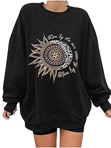 Abtel Damen Sonnenblume Smiley Printed Muster Lässig Rundhalsausschnitt Langarm Winter Pullover Top Loses Sweatshirt L Schwarze Sonnenblume von Abtel