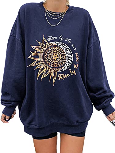 Abtel Damen Sonnenblume Smiley Printed Muster Lässig Rundhalsausschnitt Langarm Winter Pullover Top Loses Sweatshirt S Marine Sonnenblume von Abtel