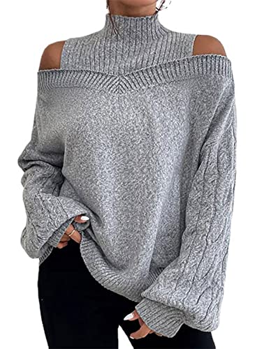 Abtel Damen Strickpullover Kalte Schulter Pullover Einfarbig Lässig Rollkragenpullover Laternenärmel Winter Warm Langarm Gestrickte Pullover Tops Grau L von Abtel