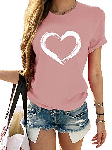 Abtel Damen T-Shirt Herz Baumwollhemd Kurzarm Rundhals Sommer Tops Klassisches T-Shirt 1# Rosa L von Abtel