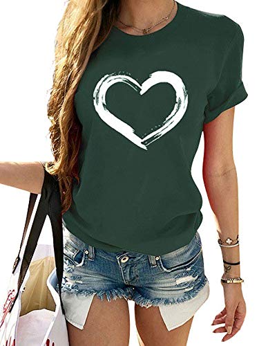 Abtel Damen T-Shirt Herz Baumwollhemd Kurzarm Rundhals Sommer Tops Klassisches T-Shirt 1# dunkelgrün XL von Abtel