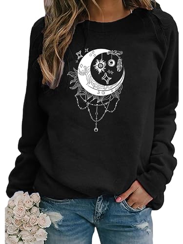 Abtel Damen T-Shirt Sternmonddruck Sweatshirt Rundhalsausschnitt -Hals Zur Seite Fahren Schließfach Passform Oberteile Lange Ärmel Frauen Sport Schwarz XL von Abtel