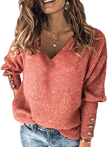 Abtel Damen lockerer Strickpullover Herbstpullover V Ausschnitt Langarm mit Knopfdetail Damen Casual Lose Pullover Einfarbig Pullover Tops Winterpullover Sweatshirt Ziegelrot M von Abtel