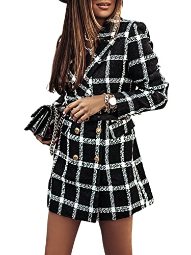 Abtel Blazer Damen Elegant Anzug Karierte Longblazer Sakko Freizeit Business Blaser Jacke mit Taschen Knöpfe Revers Mäntel Haig M von Abtel