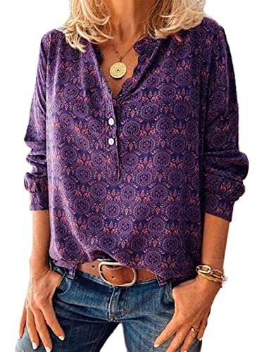Abtel Damen Bluse Blumendruck Elegant Langarmshirt V-Ausschnitt Longshirt Tunika Baggy Oberteile mit Knöpfen Hemdbluse Tshirts Violett S von Abtel