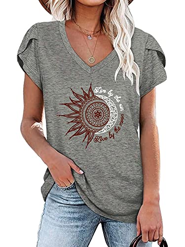 Abtel Frauen Kurzarm T-Shirt Sunflower Print Muster Blütenblatt Ärmel T-Shirt Grundlegend Lose T-Shirt Lässig Pullover Tägliche Kleidung Tunika T-Shirt 4# Grau L von Abtel